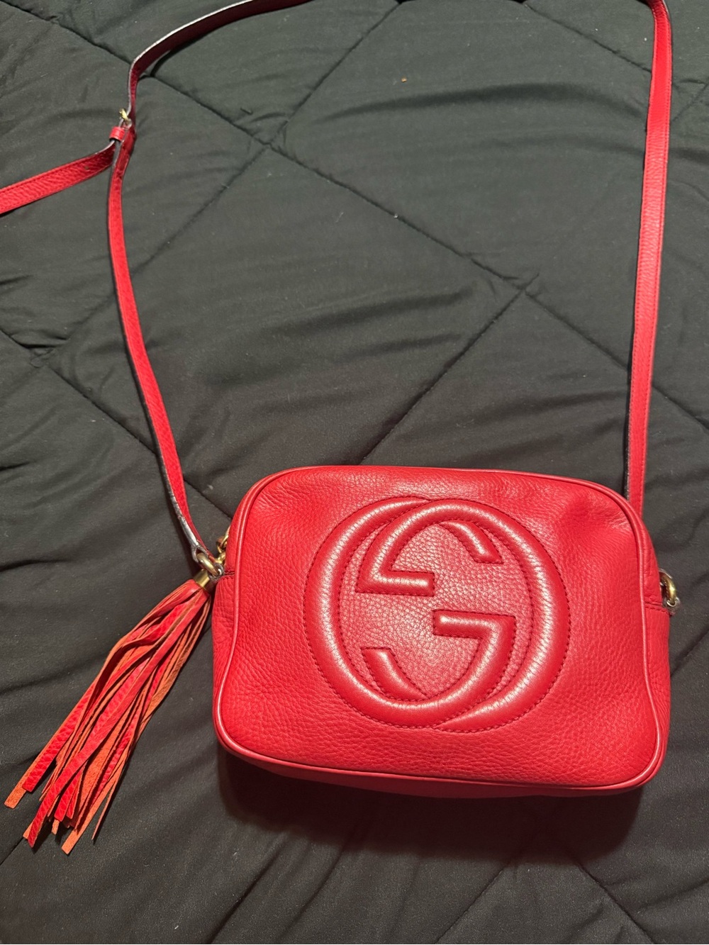 Gucci Red Pebbled Leather Crossbody Camera Bag with Interlocking G